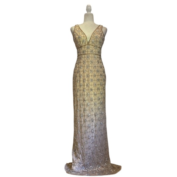 Mac Duggal Sleeveless Hand Beaded V-neck Gown Floral Jewel Maxi Dress - Picture 9 of 12